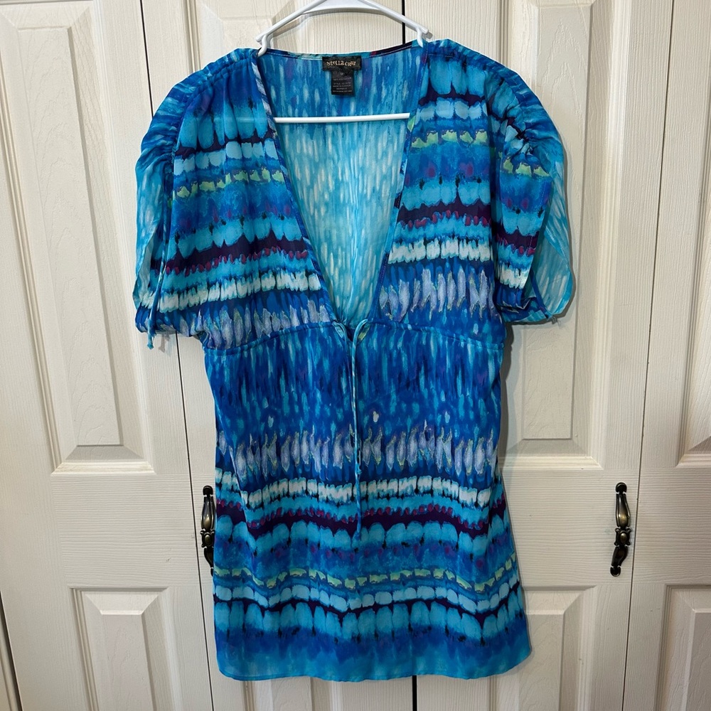 Stella Cruz Sheer Watercolor Tie Waist Tunic Bathing suit Coverup Womens Size M